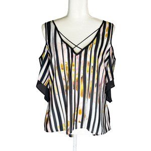 Bisou Bisou V-Neck Cold Shoulder Short Sleeve Striped Floral Hi-Lo Blouse Sz XS